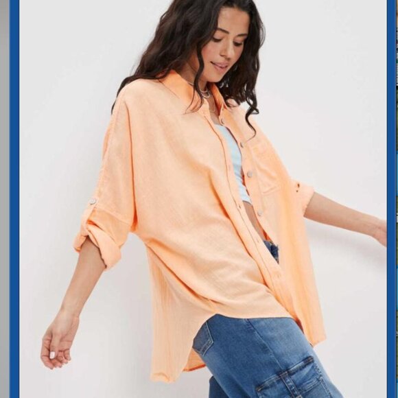 American Eagle | Oversized short-sleeve linen-blend button up shirt szL - Picture 1 of 14